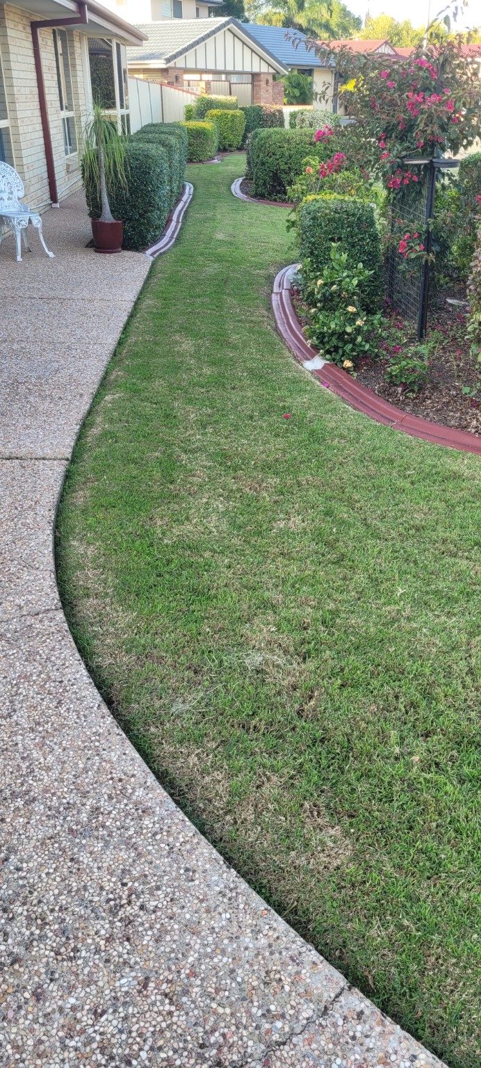 Tidy garden bed and lawn beside a garden path